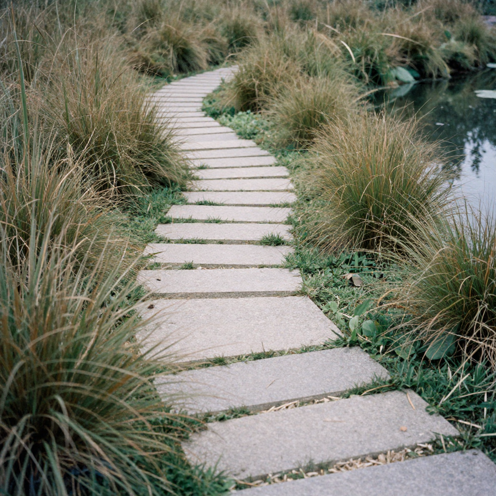 Entréscen med organisk gång och planteringar