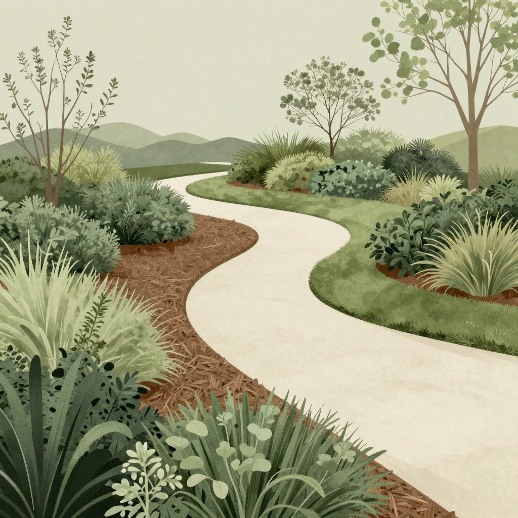 Konceptuell illustration av organisk landskapsdesign